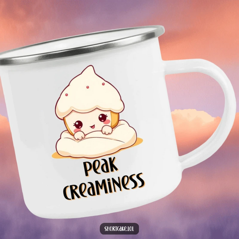 Funny kawaii shortcake hiding in cream, making a hilarious funny face, perfect for adventurous, humorous sips. Great gift.