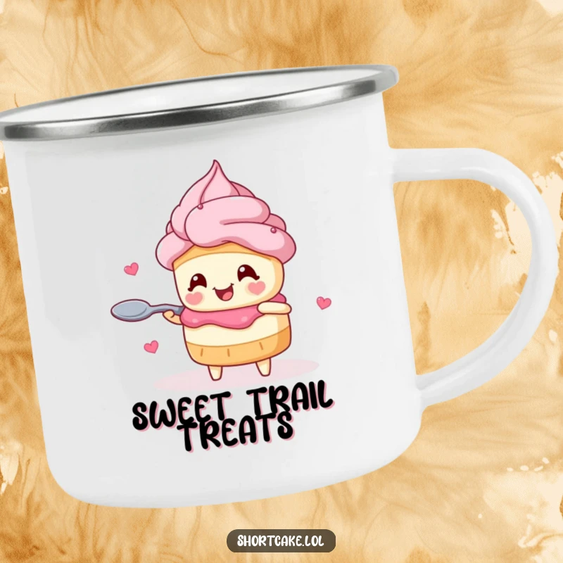 Funny shortcake camping mug showing a joyful character with heart eyes twirling a spoon, durable for outdoor use.