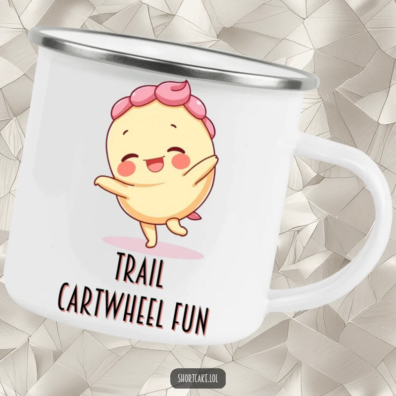 Funny camping mug with a giggling shortcake doing a cartwheel, layers askew, for energetic outdoor enjoyment.