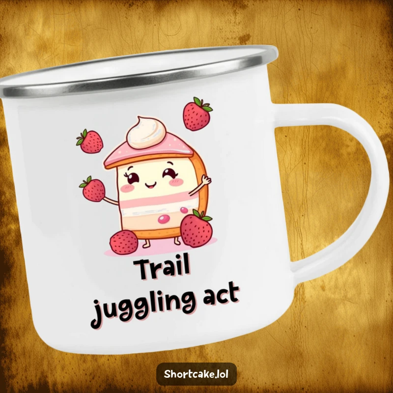 Funny shortcake camping mug featuring a smiling slice juggling three berries, great for outdoor humor.
