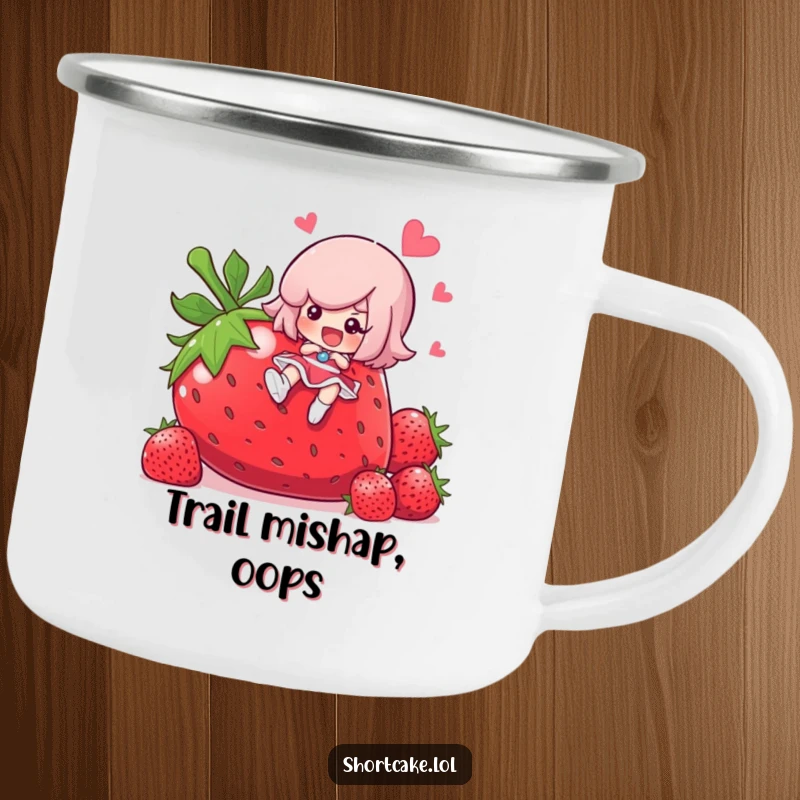 Funny shortcake character slipping on a giant strawberry, durable enamel camping mug, cute dessert illustration, a funny gift.