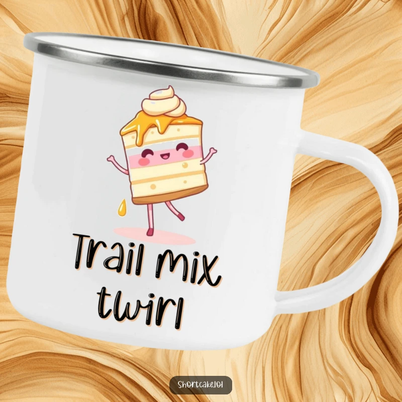 Funny Camping Mug depicting a shortcake slice pirouetting, syrup flowing, for outdoor enjoyment with humor.