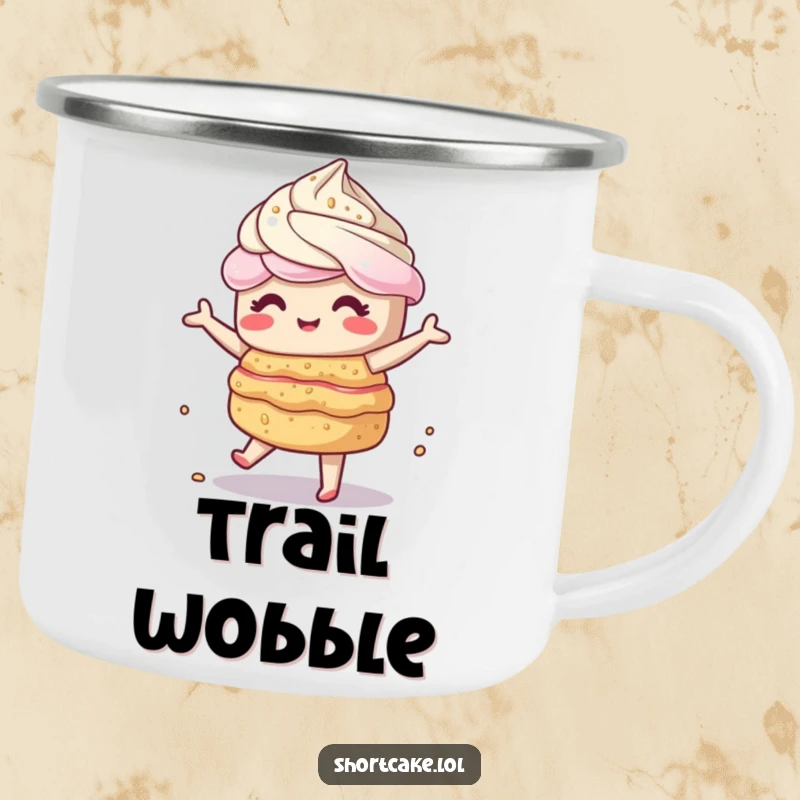 Funny kawaii shortcake doing a wobbly dance, layers shaking, perfect for adventurous, humorous sips. Great gift.