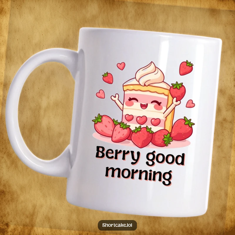 Funny shortcake slice mug showing a dessert character cheerfully juggling bright red strawberries, a whimsical and amusing scene.