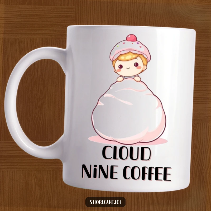 Funny shortcake mug, sitting happily, atop giant fluffy meringue, sweet and contented, perfect gift.