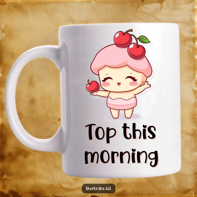 Funny shortcake character with a bright red cherry perfectly balanced on its pointy top like a hat, a delightful mug.