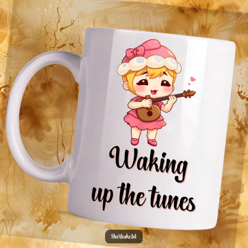 Funny shortcake character energetically playing a tiny fife with great gusto and a cheerful expression, a delightful mug.