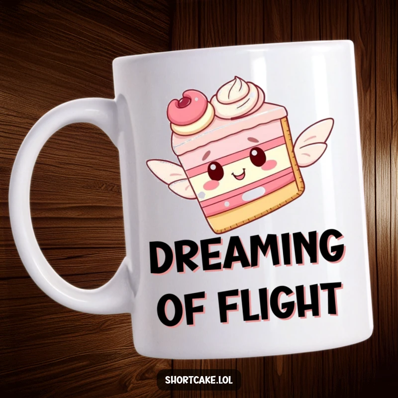 Funny mug depicting a shortcake slice with delicate pastry wings, attempting to fly with hopeful eyes and a sweet determination.