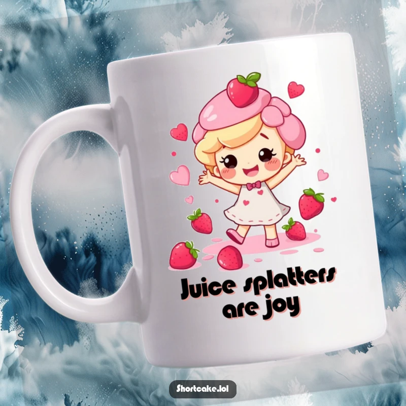 Funny happy shortcake character doing a joyful dance with berry juice splatters, captured on a fun mug.