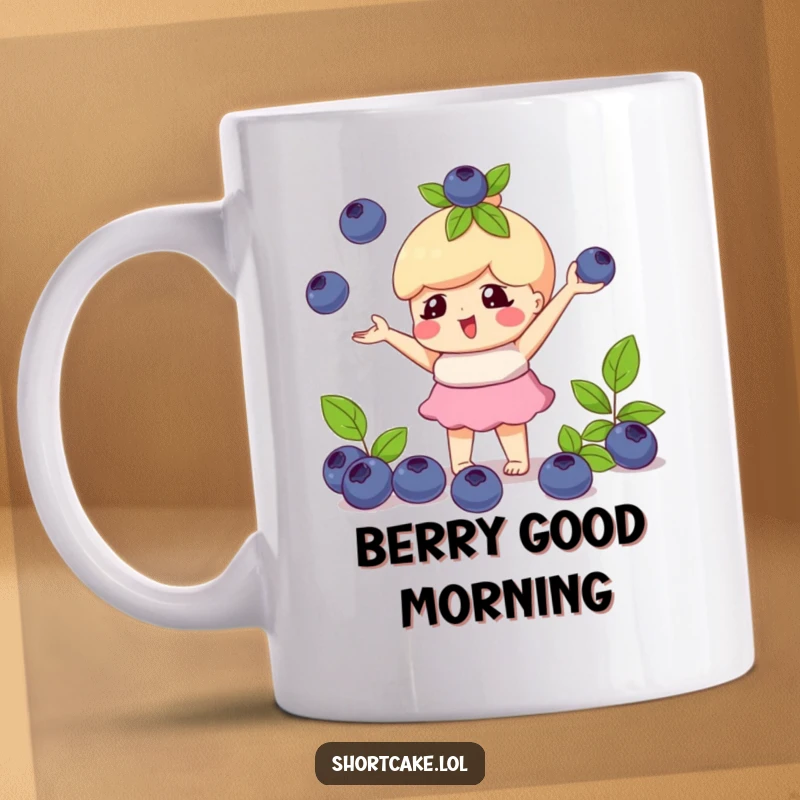 Funny mug showing a shortcake character playfully juggling three small, round blueberries, demonstrating fun and skill.