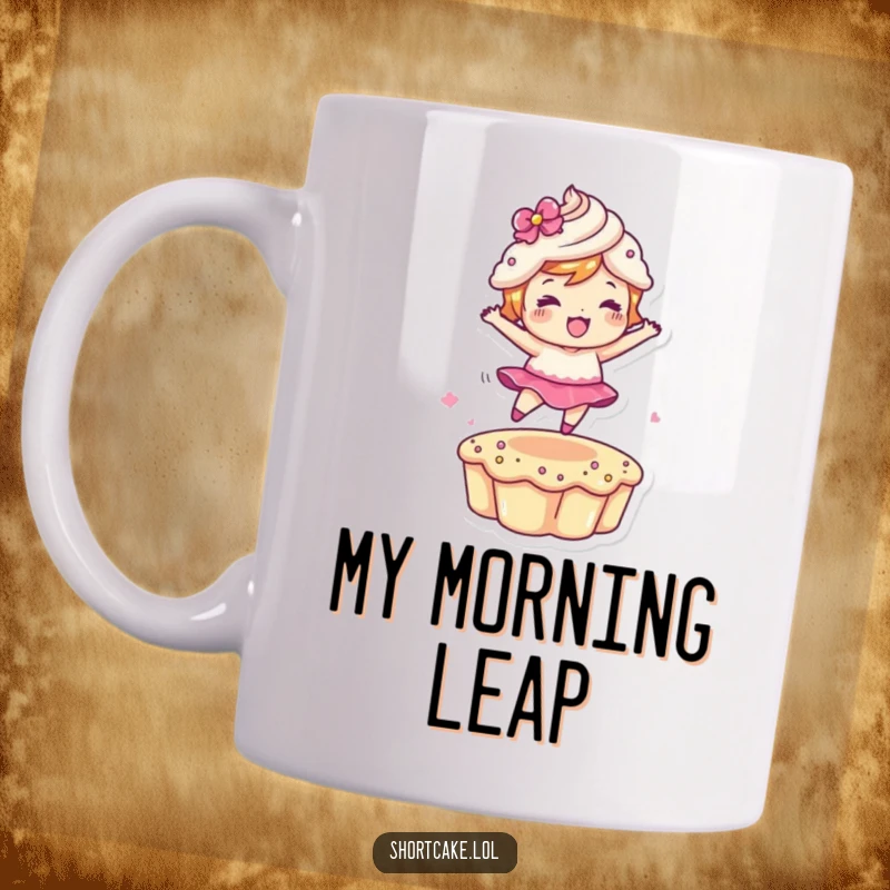 Funny Leaping Shortcake Mug showing an energetic dessert character jumping between layers, perfect for a funny gift and a cheerful start.