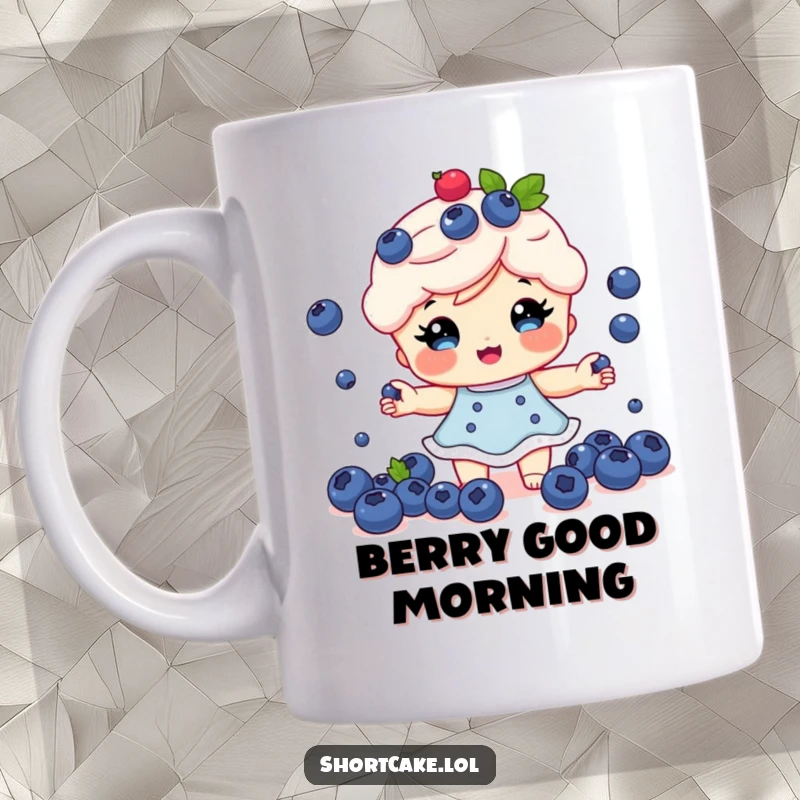 Funny Shortcake Mug: An adorable shortcake character juggling tiny blueberries with a cheerful expression, great gift.