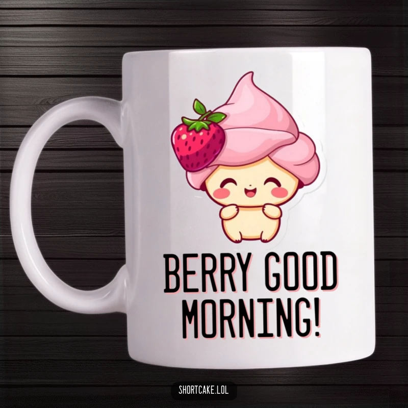 Funny shortcake character with a bright red berry perfectly perched on its head, looking blissfully happy.