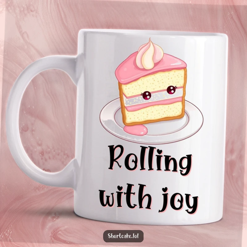 Funny Shortcake Roll Mug. A slice of shortcake humorously rolls down a plate edge with a delighted expression, celebrating dessert joy.