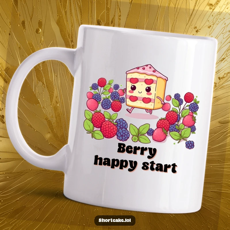 Funny shortcake slice with tiny legs joyfully skipping through a vibrant field of red berries, a delightful mug design.