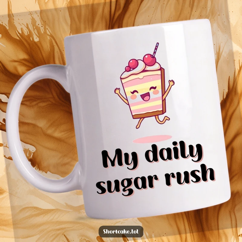 Funny Shortcake Slice Mug with a happy character leaping with delight, celebrating a sweet moment with pure joy.