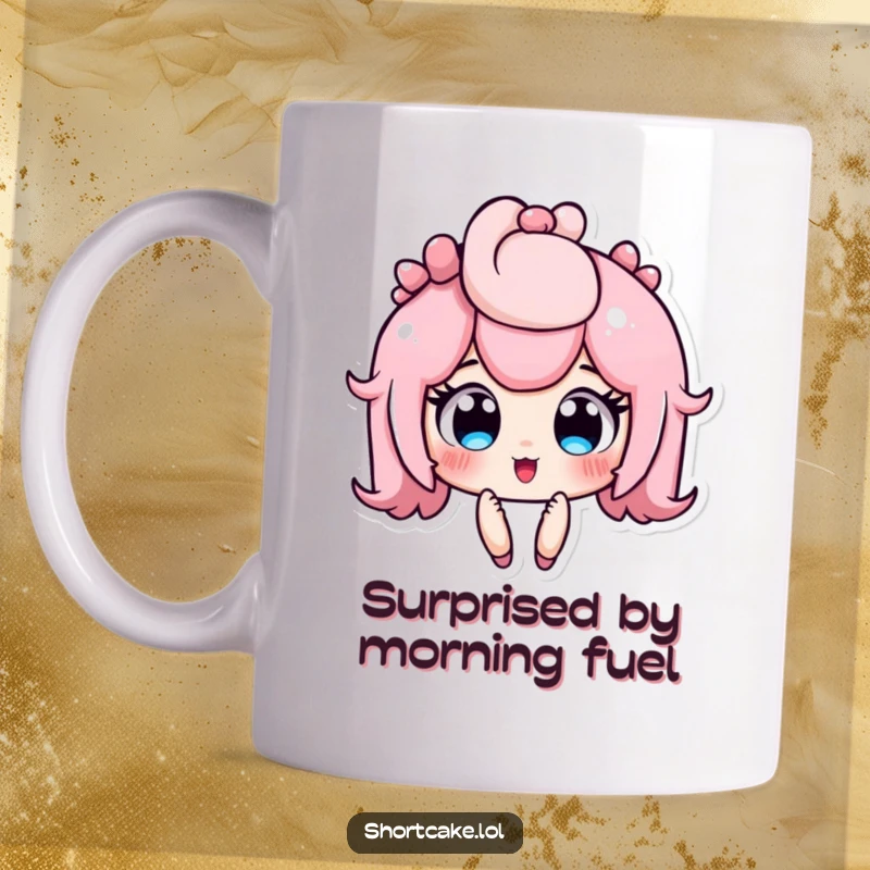Funny shortcake character mug, depicted looking surprised with wide, jammy eyes, conveying shock and delight, great funny gift.