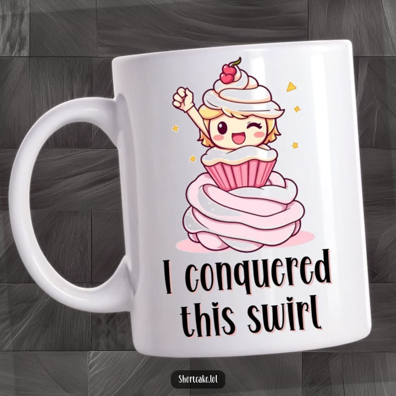 Funny shortcake character striking a triumphant pose atop a swirl of whipped cream, celebrating a sweet victory on a mug.