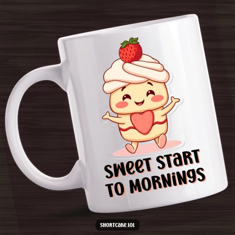 Funny Shortcake Mug: A smiling shortcake character with a strawberry on top happily wiggling its little feet.