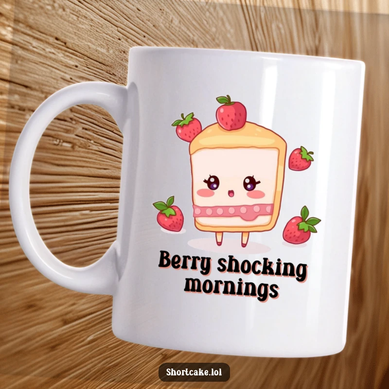 Funny mug featuring a shortcake slice character with a surprised expression as a berry falls towards it.
