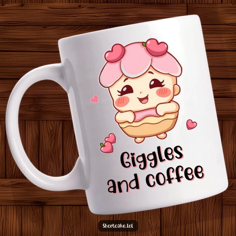 Funny shortcake with rosy cheeks giggling mug, a happy dessert character radiating pure joy and laughter.