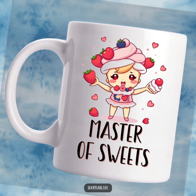 Funny shortcake character comically juggling tiny berries and whipped cream puffs, cute dessert chef illustration for a funny gift.