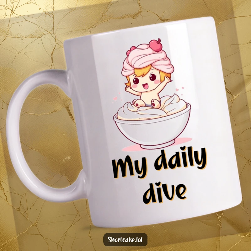 Funny mug showing a shortcake character gleefully jumping into a fluffy bowl of whipped cream, embodying pure dessert joy.