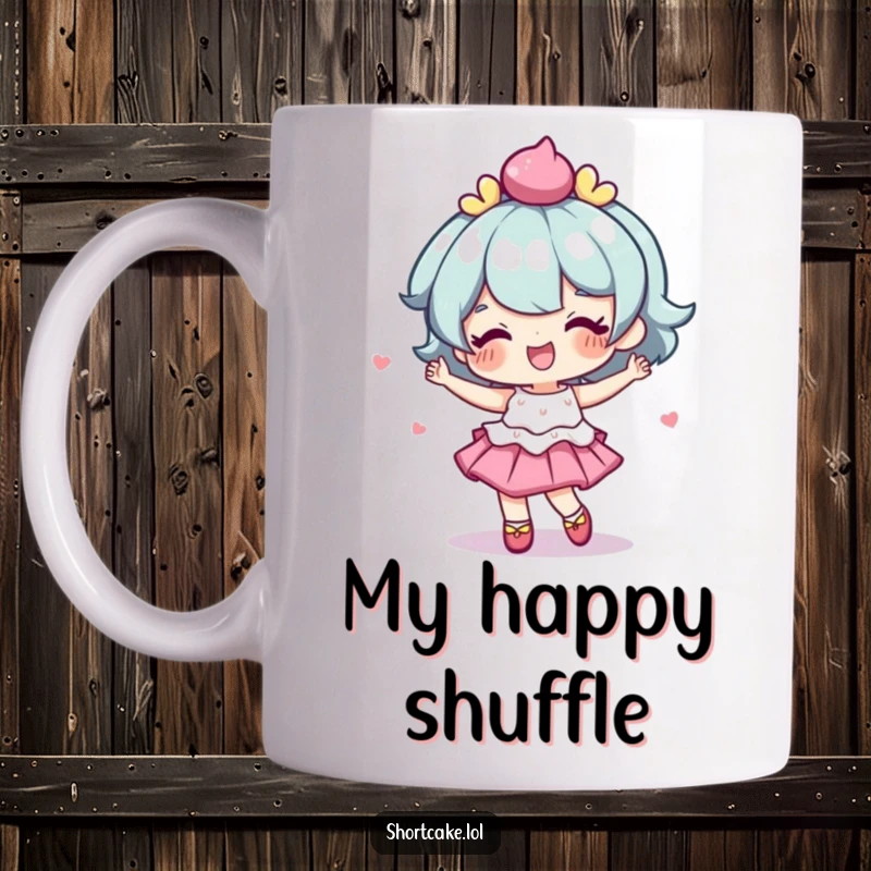 Funny mug featuring a shortcake character doing a delightful, wobbly dance with joyful abandon.