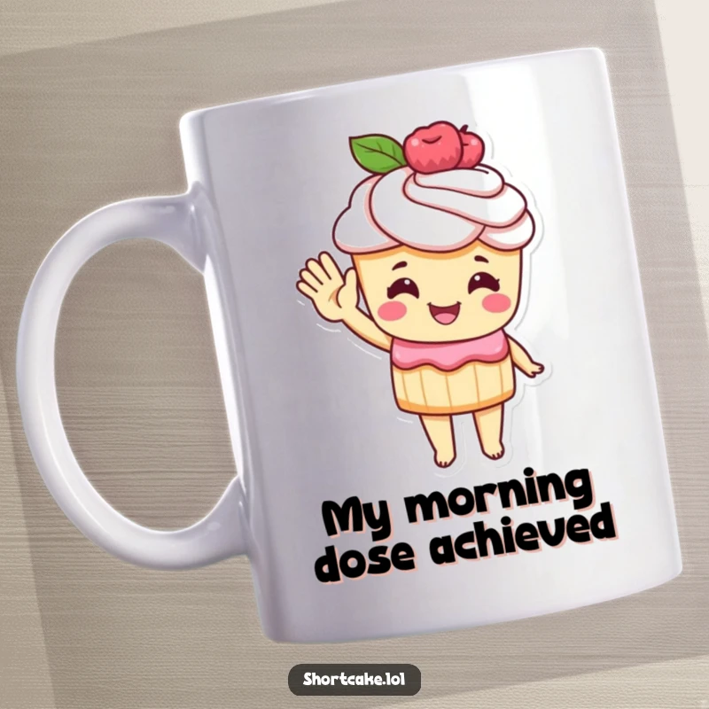 Funny Mug featuring a shortcake character waving hello with a pastry hand, full of sweet joy and playful greeting.