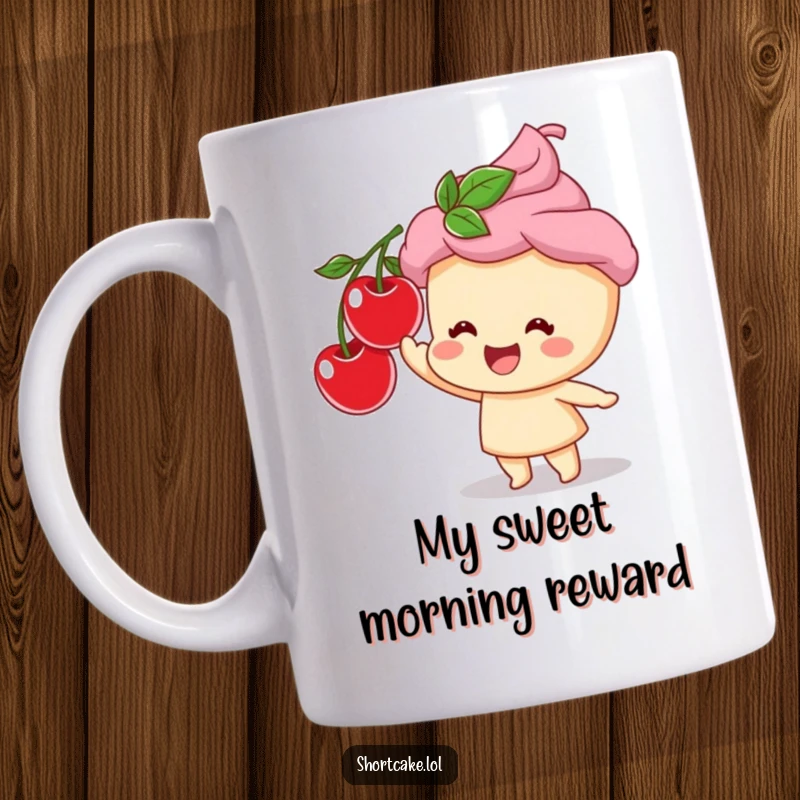 Funny mug featuring a happy shortcake character joyfully reaching for a bright red cherry atop its creamy frosting.