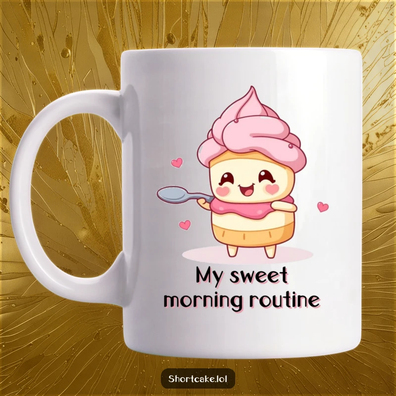 Funny shortcake mug with hearts for eyes, joyfully twirling with a spoon, a sweet and cute dessert-themed gift.