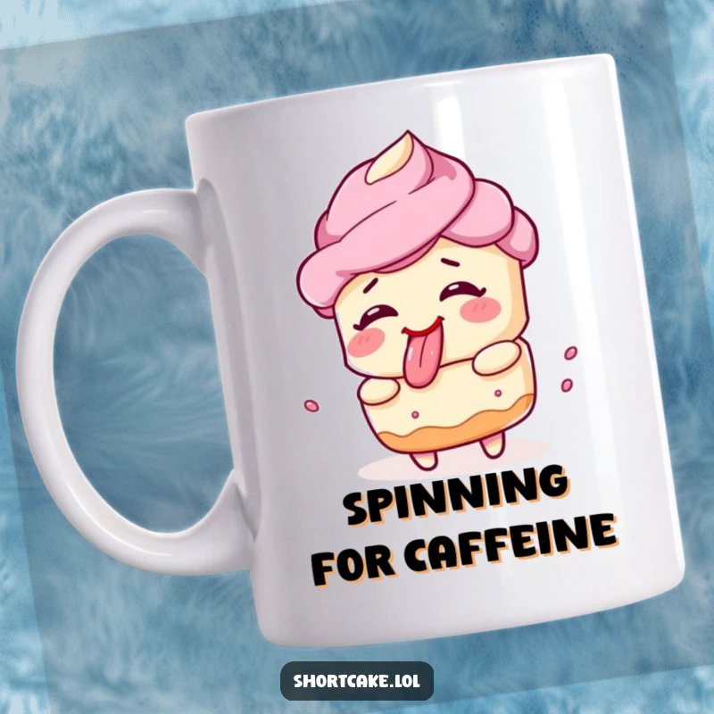 Funny shortcake mug, making a silly face, tongue out, spinning wildly, cheerful and comical, perfect gift.