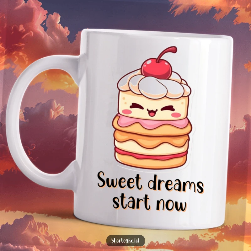 Funny shortcake mug featuring a layered shortcake with a cherry winking mischievously, perfect for dessert lovers and humor fans.