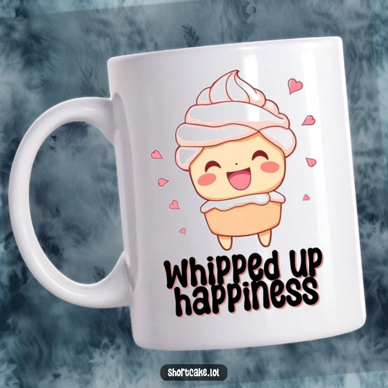 Funny mug featuring a shortcake character grinning widely with whipped cream dramatically flying everywhere.