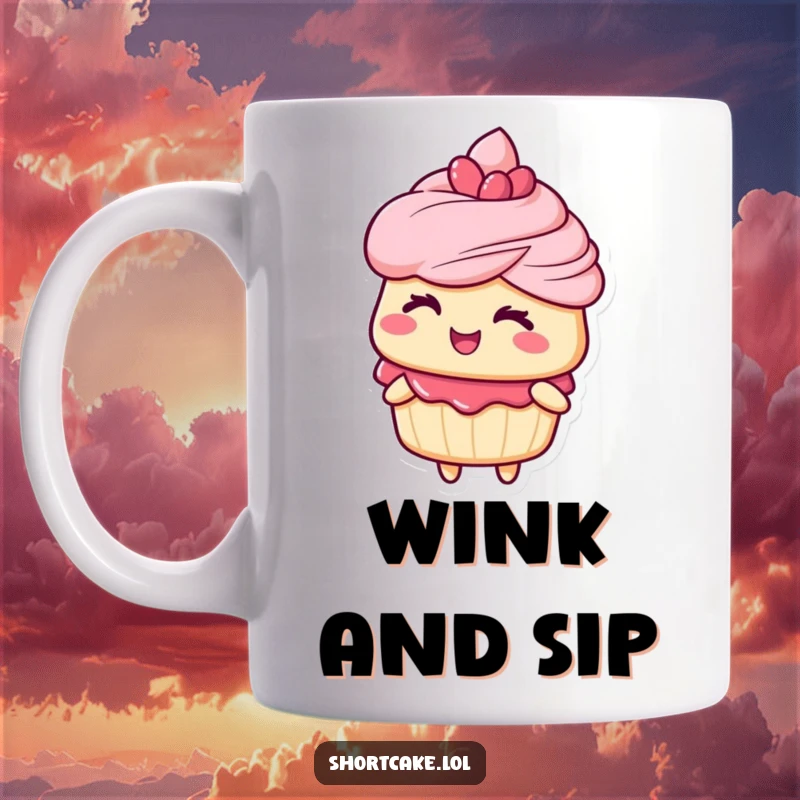 Funny mug with a cute shortcake character giving a playful, charming wink, conveying a sense of fun and mischief.