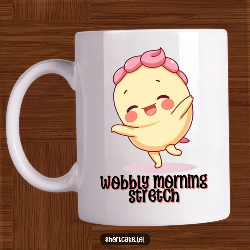Funny mug featuring a giggling shortcake character doing a cartwheel with layers slightly askew, embodying playful energy.