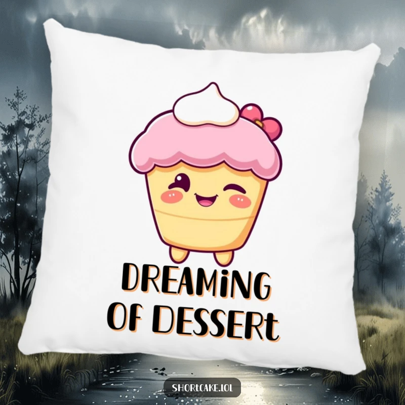 Funny pillow featuring a shortcake character with cream, winking playfully, offering comfort and a touch of sweet humor.