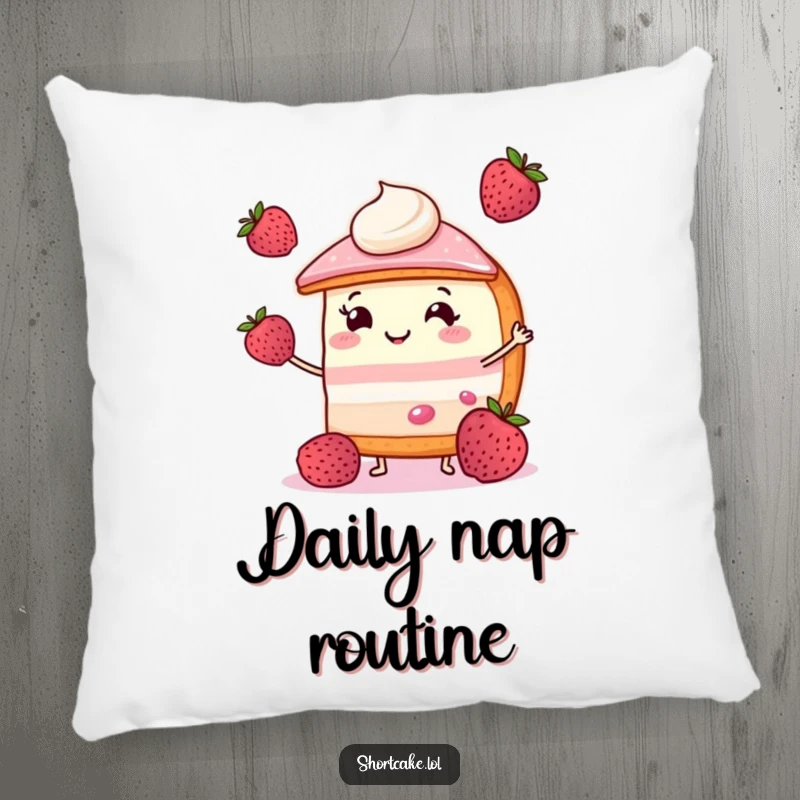 Funny shortcake pillow showing a smiling slice juggling three small berries, perfect for adding sweet and joyful humor to any room.