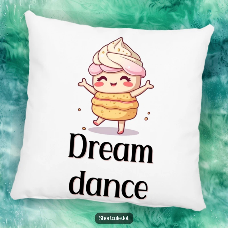Funny kawaii shortcake doing a wobbly dance, layers shaking, offering softness and humor. Gift idea.