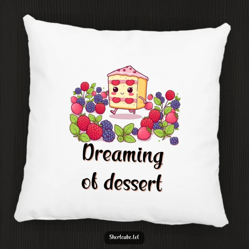 Funny shortcake slice with tiny legs skipping among berries, a soft and humorous pillow adding a touch of sweetness.