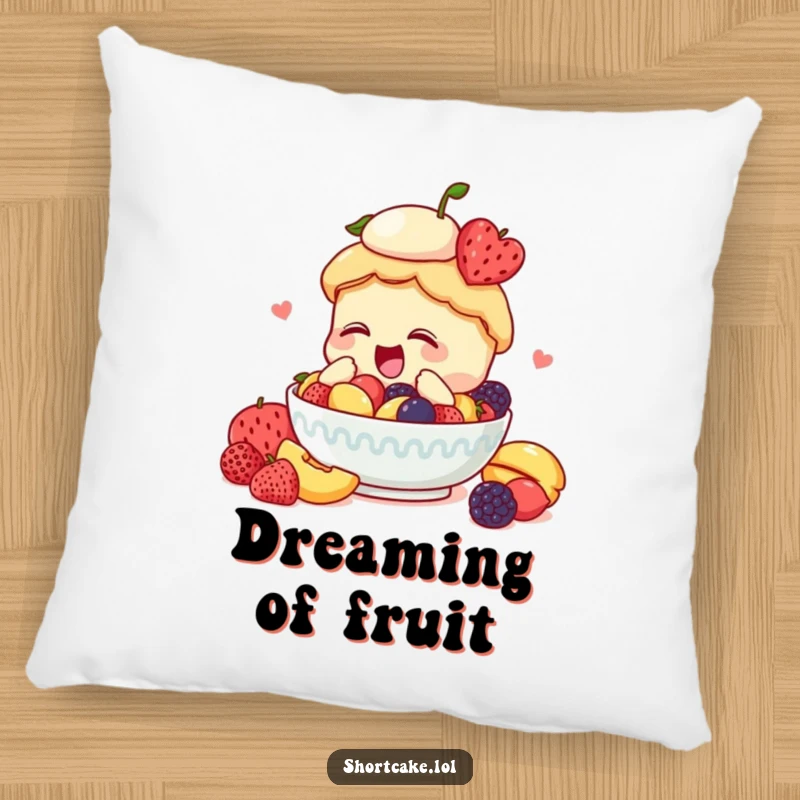 Funny shortcake pillow, diving into fruit, enthusiastic, comfortable, cheerful accent, humorous decor.