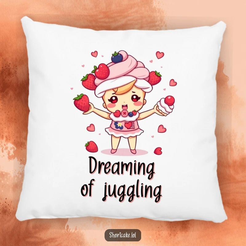 Funny shortcake character juggling small berries and cream puffs, soft decorative pillow, cute dessert accent, a funny gift.
