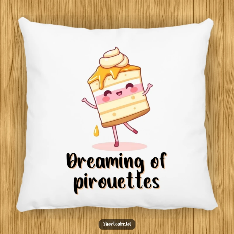 Funny Pillow designed with a shortcake slice gracefully pirouetting, syrup trailing, adding soft humor to any room.