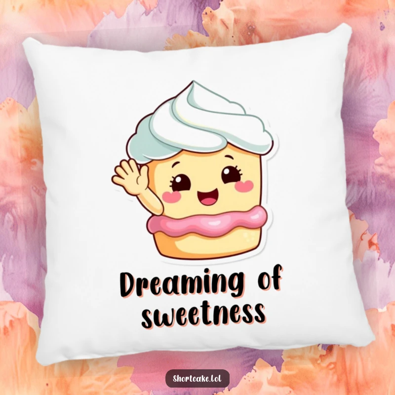 Funny happy shortcake waving pillow, a cuddly dessert character offering comfort and a cheerful vibe.