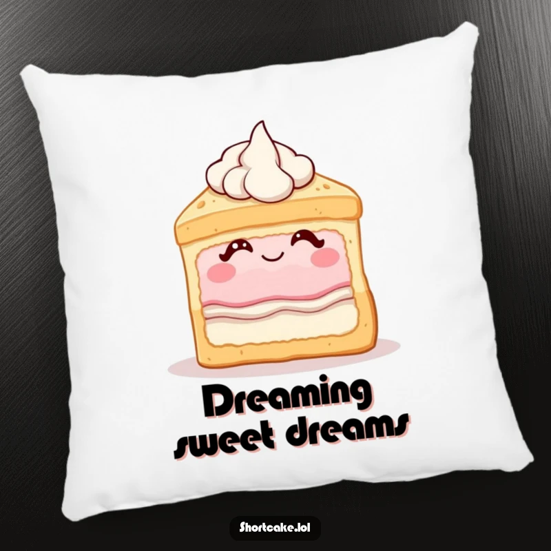 Funny shortcake pillow depicting a dessert slice winking with cream, adding a touch of sweet and humorous decor.