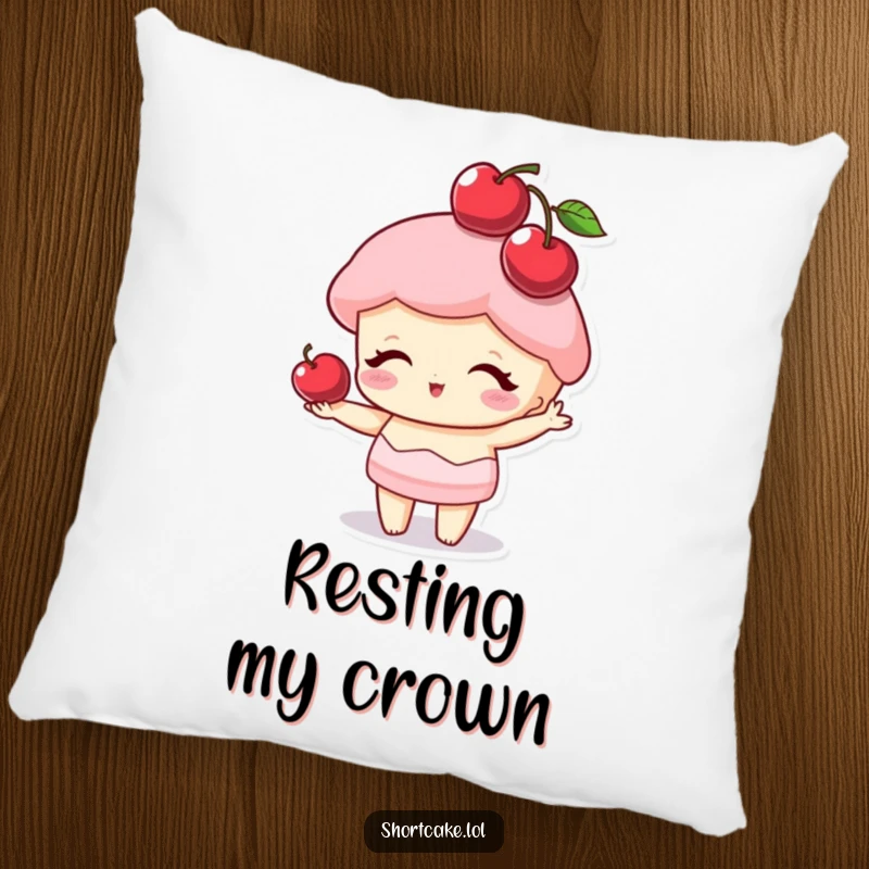 Funny shortcake character balancing a cherry on its point like a hat, a soft and humorous pillow adding sweetness.