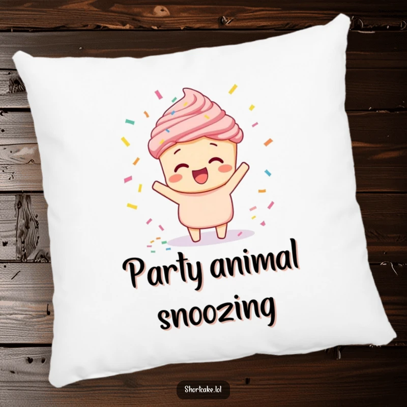 Funny shortcake doing a confetti toss pillow, a celebratory dessert character bringing festive cheer and comfort.