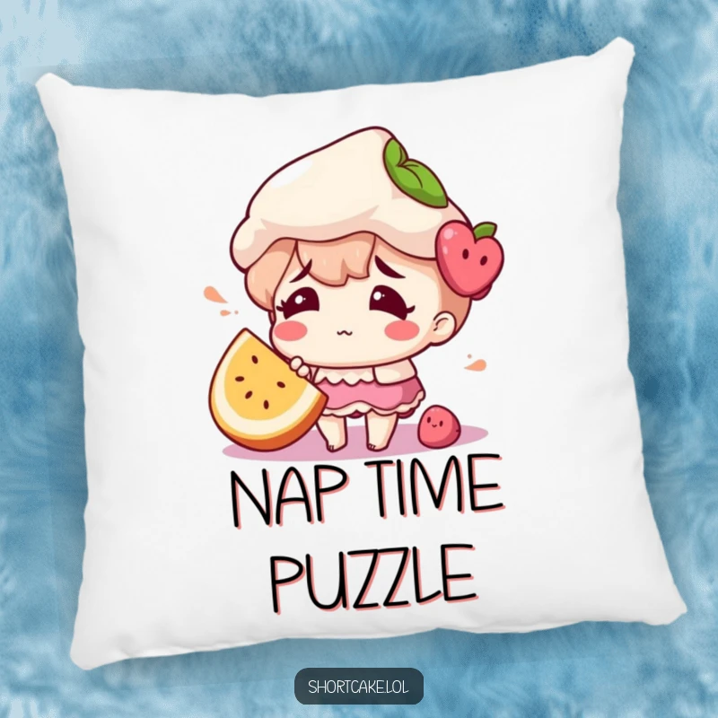 Funny pillow featuring a shortcake character looking confused, with a fruit slice humorously out of place.