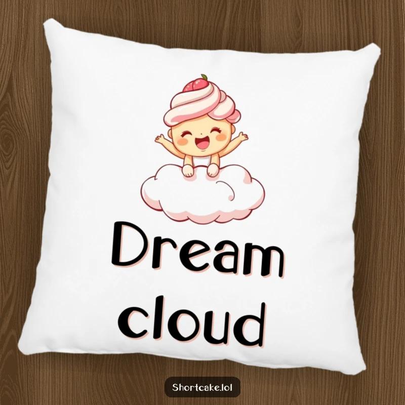 Funny shortcake pillow showing a giggling shortcake bouncing on a fluffy cloud, perfect for adding sweet and joyful humor.