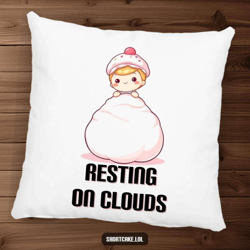 Funny shortcake pillow, sitting on meringue, happy, comfortable, sweet accent, humorous decor.